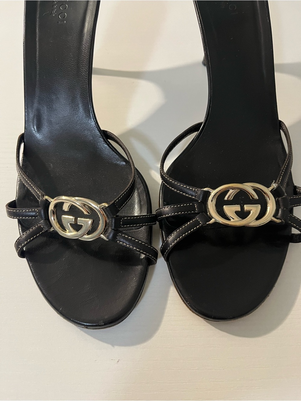 Gucci Black Leather Gold Double G Mules